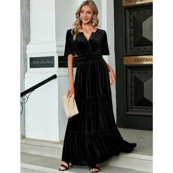 Simplee Black Velvet Tiered Flowy Maxi Dress Cinch Waist Vneck Front Large - Picture 1 of 6